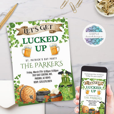 st patricks day party with green beer kegs and luck of the irish clovers lets get lucked up party invitations