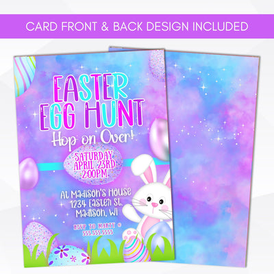 printable easter egg hunt party invitation with easter bunny and galaxy theme