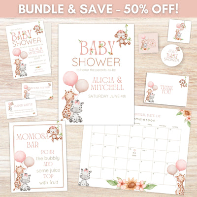 all in one girly safari baby shower printable bundle with invitations party supplies signs and game