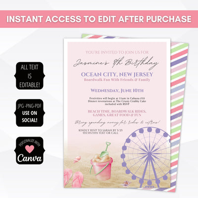 pink and purple girly beach boardwalk staycation party invitation