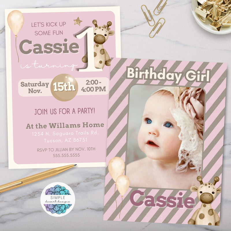 cute pink giraffe themed first birthday party invitation with photo and balloons