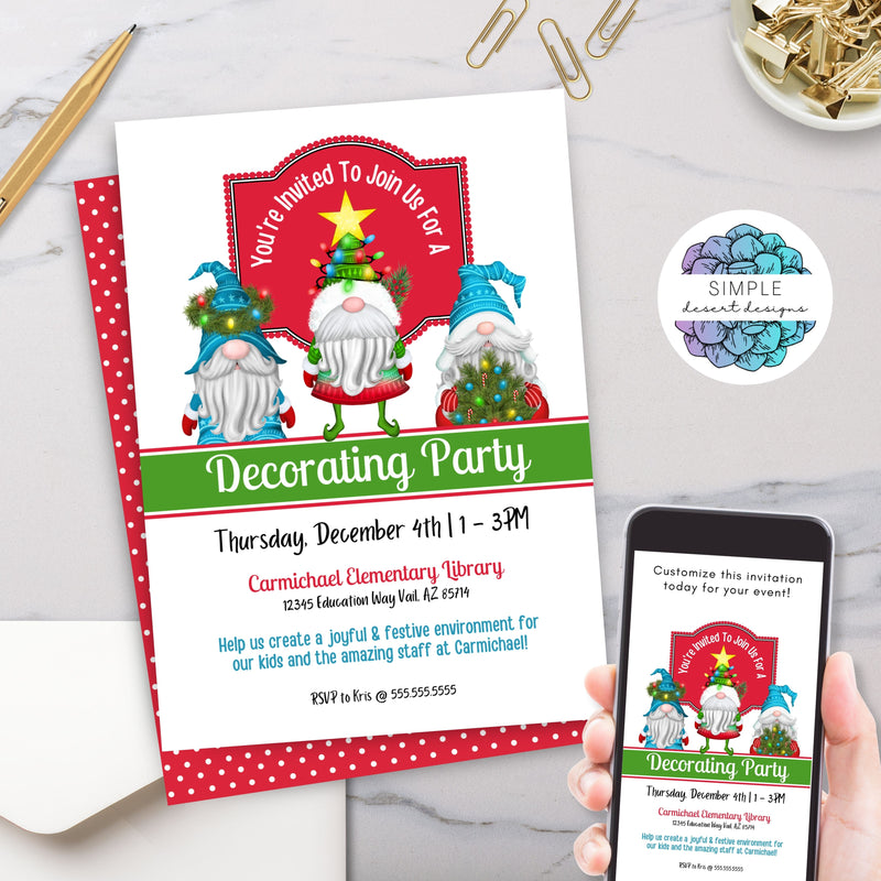 cute holiday gnomes theme christmas party invitation with editable text