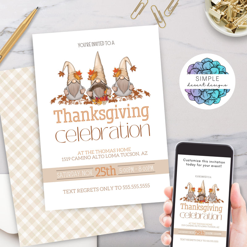 cute thanksgiving dinner party invitation with gnomes and fall leaves