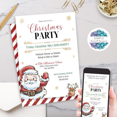 elegant christmas party invitation with santa reindeer and gold accents