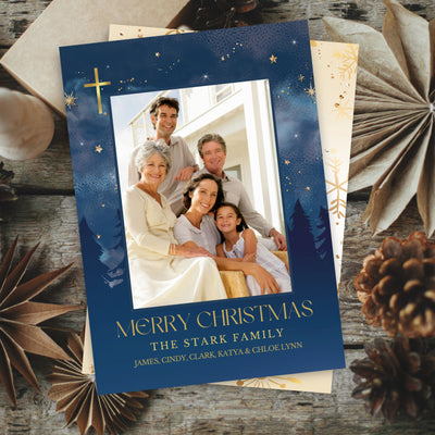 elegant navy blue merry christmas card with single photo and gold cross