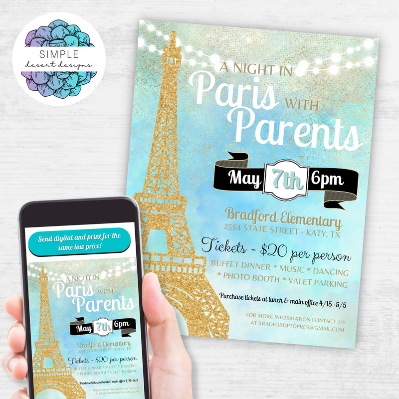 unique night in paris with parents editable school dance theme flyers for parisian parent engagement idea