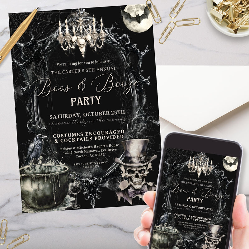 unique and elegant gothic skull party halloween boos & booze cocktail party invitations