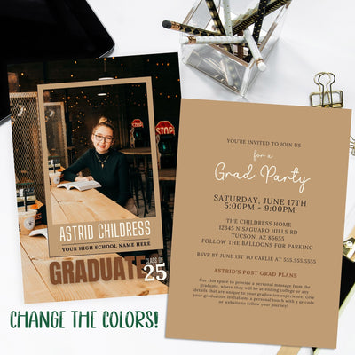 trendy graduation invitation uses single senior photo session image twice for unique invitation design