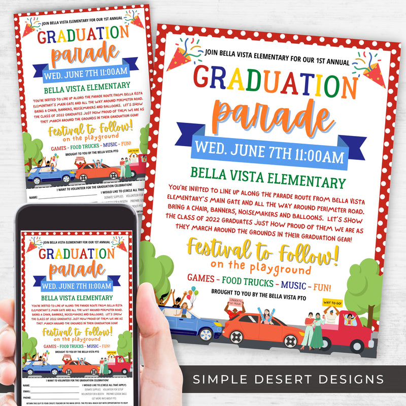 colorful graduation parade flyers with volunteer sign up sheet included and take home half sheet flyers