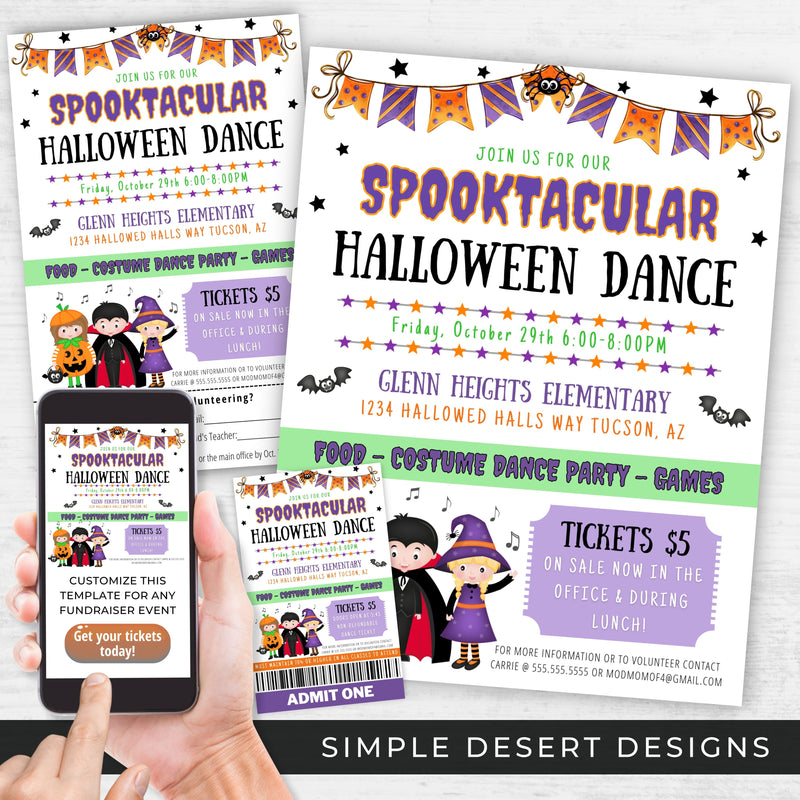 all in one halloween costume dance flyer poster ticket template social media template bundle for school church community fundraiser event