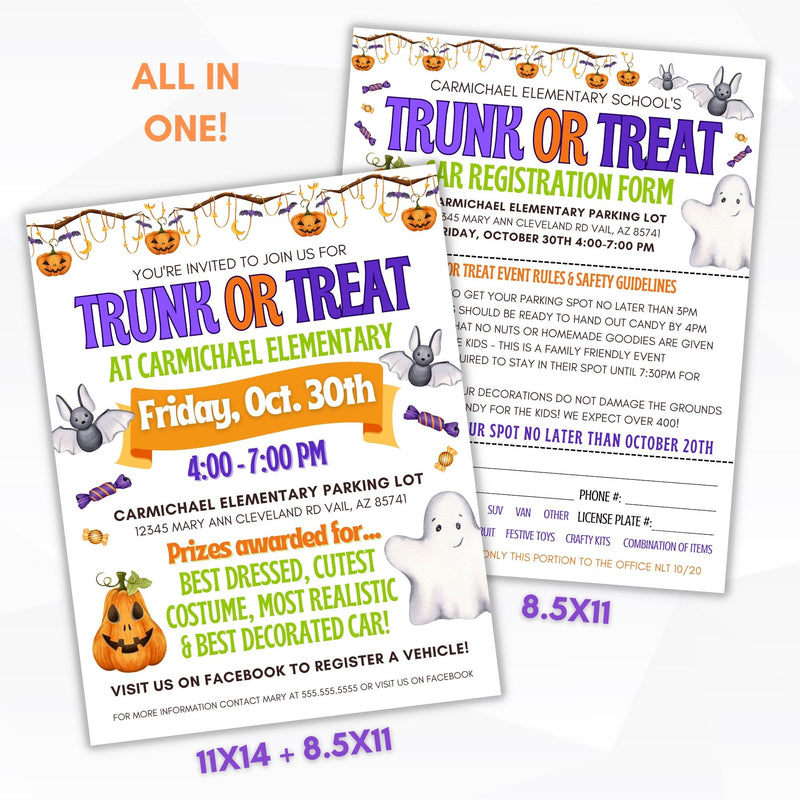 trunk or treat invitation flyers and registration form for school church community kids halloween events