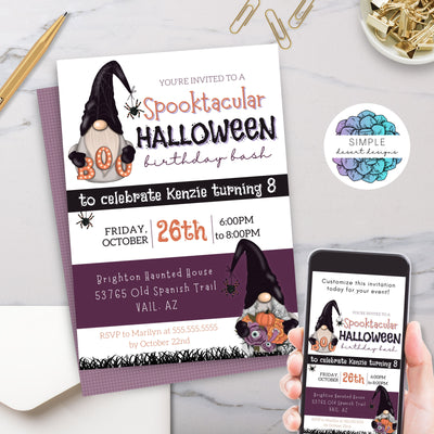 cute purple orange and black halloween birthday party invitations