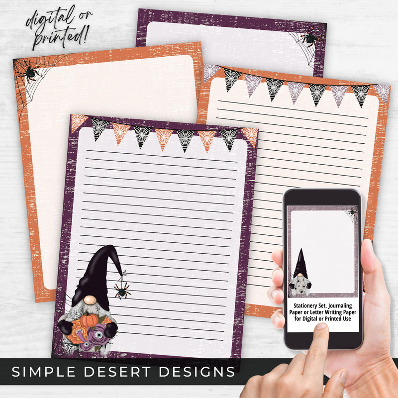 cute halloween stationery set for kids or adults with festive fall gnomes and spiders