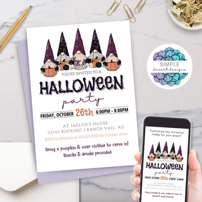 cute personalized halloween party invitation with gnomes