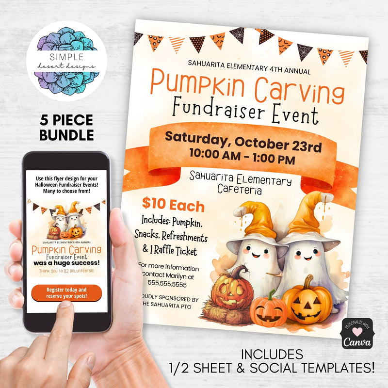 pumpkin carving fundraiser event flyers with cute ghosts and jack o lanterns