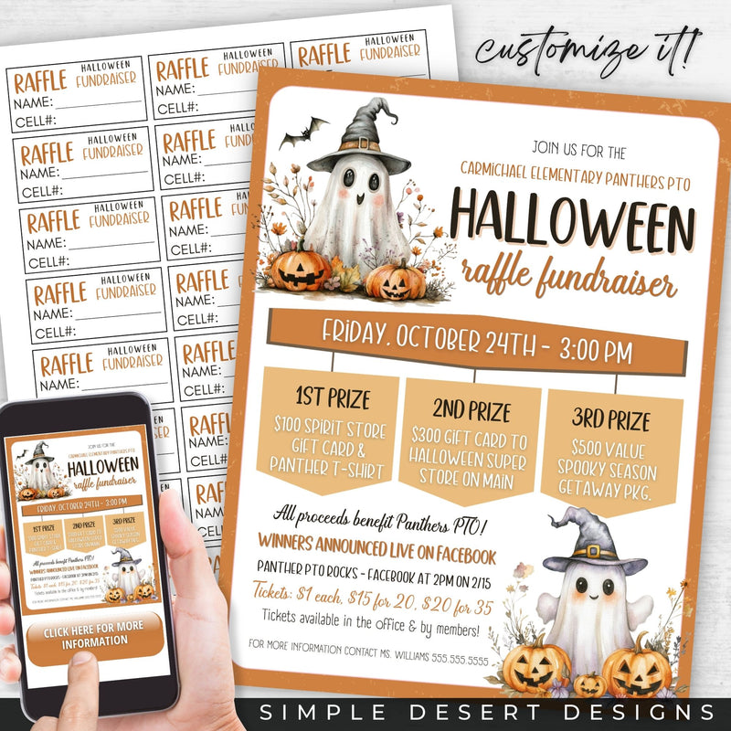 cute halloween fundraiser bundle with raffle tickets and raffle flyer for 1 low price