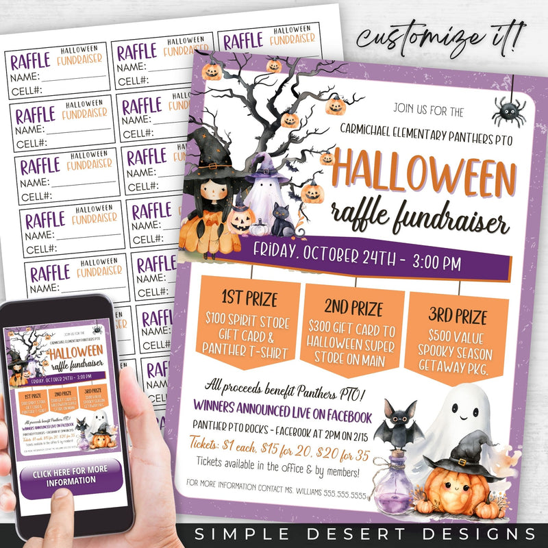 halloween raffle ticket template sheet with cut lines and flyer template for digital and printed use