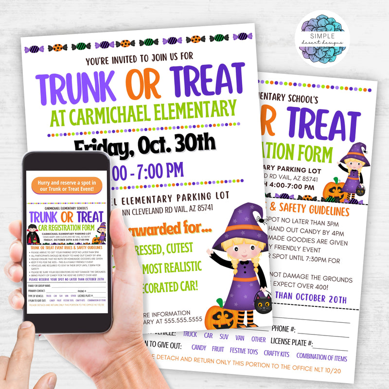 halloween trunk or treat flyers and registration form template