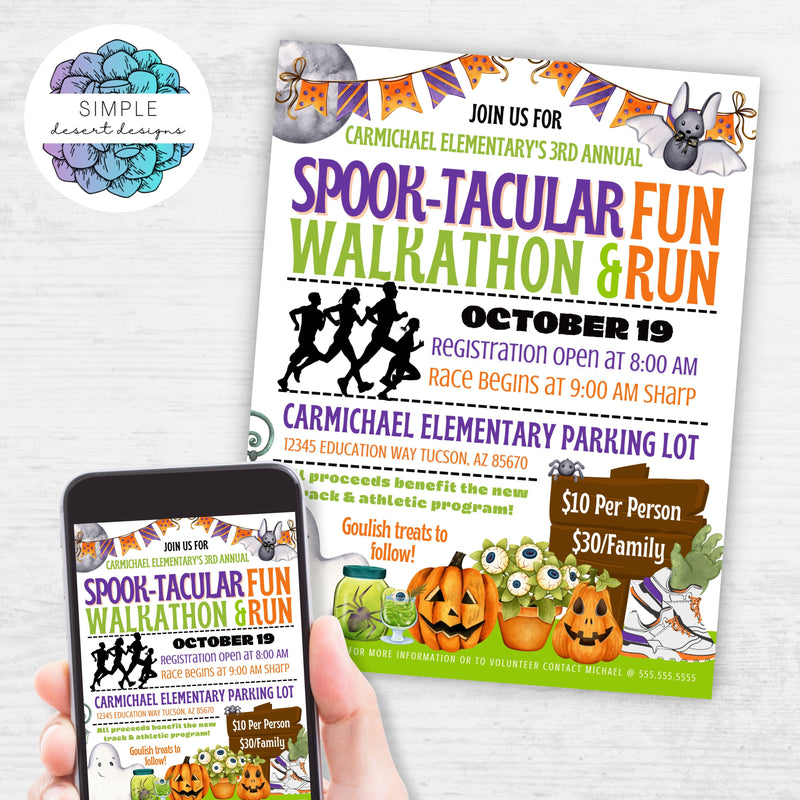 cute halloween walkathon fun run fundraiser flyer for charity event or school fundraising ideas