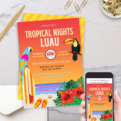 fun colorful hawaiian luau themed party invitations for summer bbq or tiki hut night