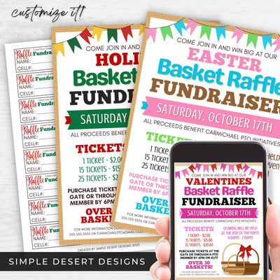 personalized holiday basket raffle flyers and ticket sheet for any seasonal holiday raffle fundraiser