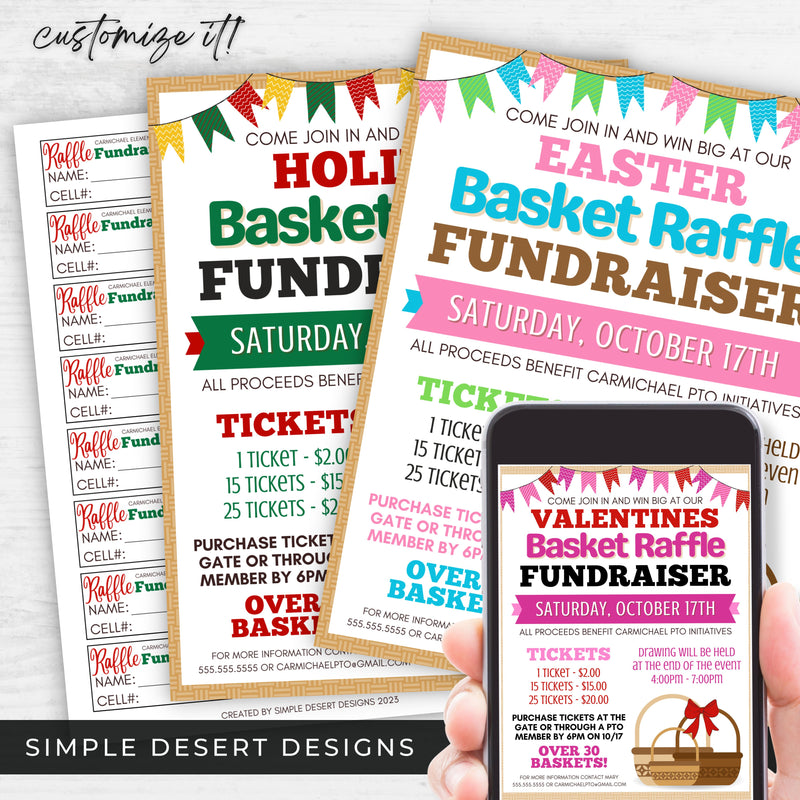 personalized holiday basket raffle flyers and ticket sheet for any seasonal holiday raffle fundraiser