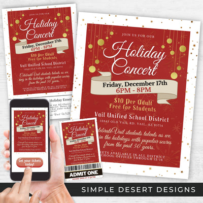 winter holiday concert flyers for school band, orchestra, musical or music education fundraiser