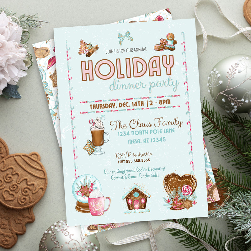 cute ingerbread theme holiday dinner party invitations