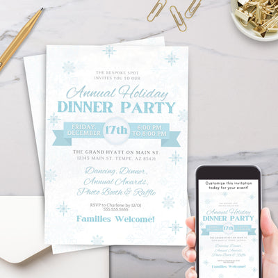 holiday office party dinner party invitation with white and blue snow theme elegant fun