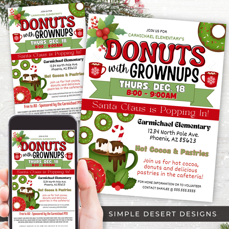 cute winter holiday donuts with grown ups event flyers for elementary middle schools and church youth groups