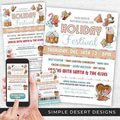 cute gingerbread theme holiday festival flyers and ticket template bundle