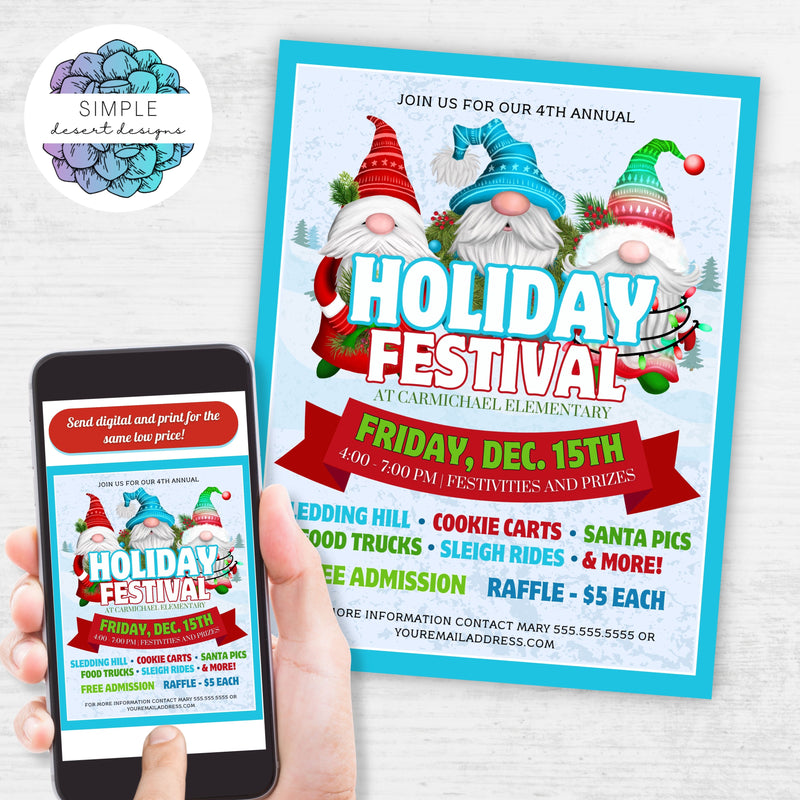 cute christmas event flyers with gnomes for christmas festival or party