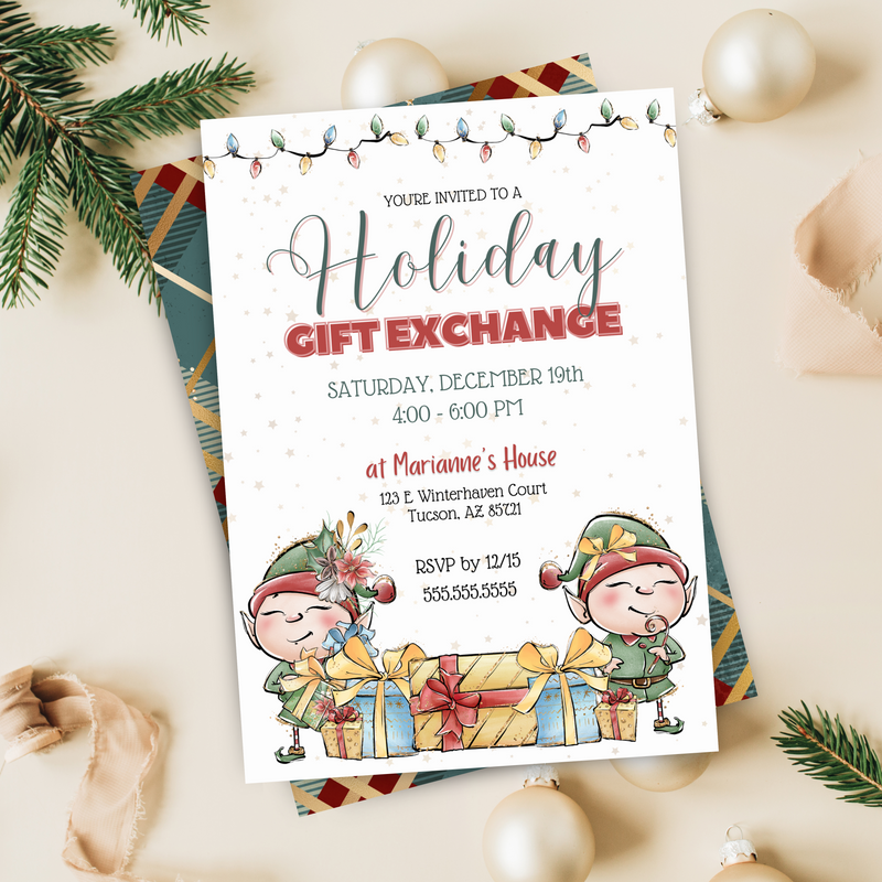 digital and printable holiday gift exchange office party invitation