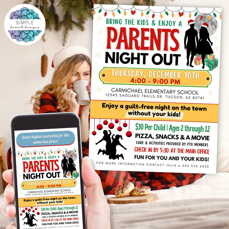 christmas holiday theme parents night out flyers for school church fundraiser