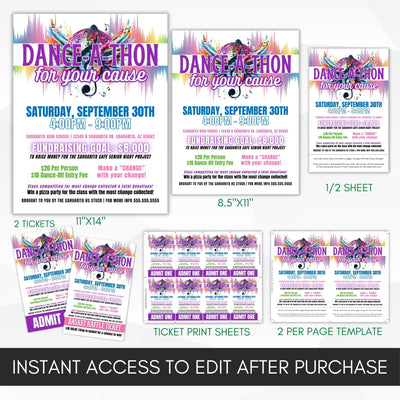 all in one danceathon fundraiser flyer, poster, half sheet flyers, ticket templates bundle