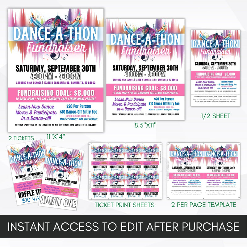 all in one danceathon fundraiser bundle with poster flyers and tickets for your danceathon charity fundraising event