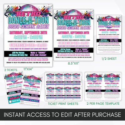 huge savings with this all in one disco school dance danceathon fundraiser flyer ticket template bundle