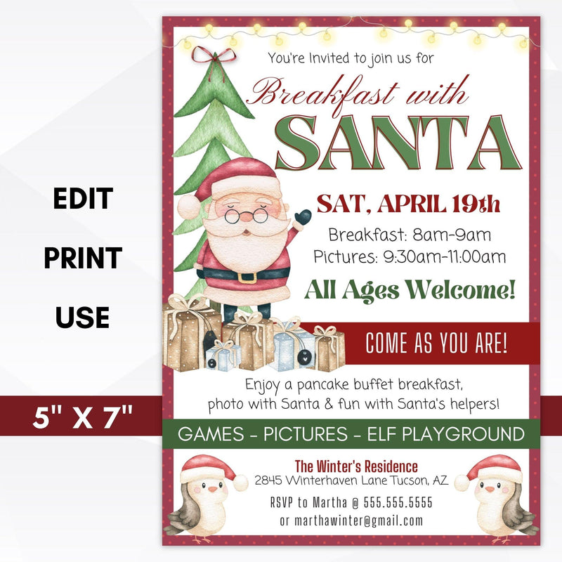 Breakfast with Santa Kids Holiday Party Editable Invitation