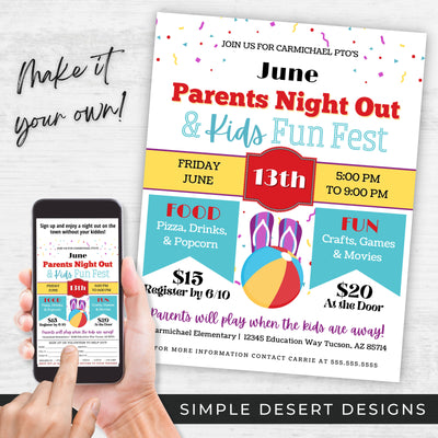 summer beach pool theme parents night out flyers