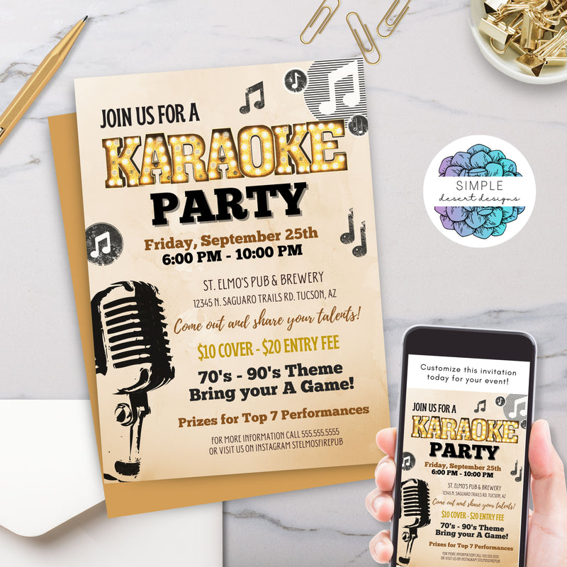 vintage karaoke party invitation with marquis lights and theme space