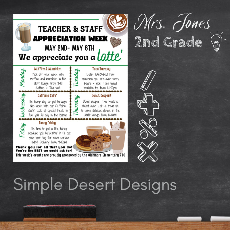 fun coffee theme teacher appreciation week signs with itinerary schedule