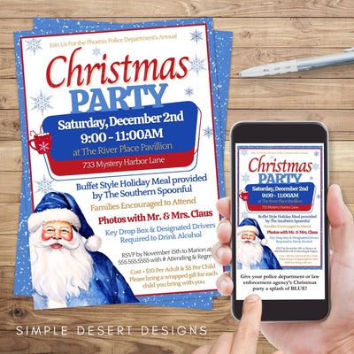 blue christmas party invitation for law enforcement pd blue santa