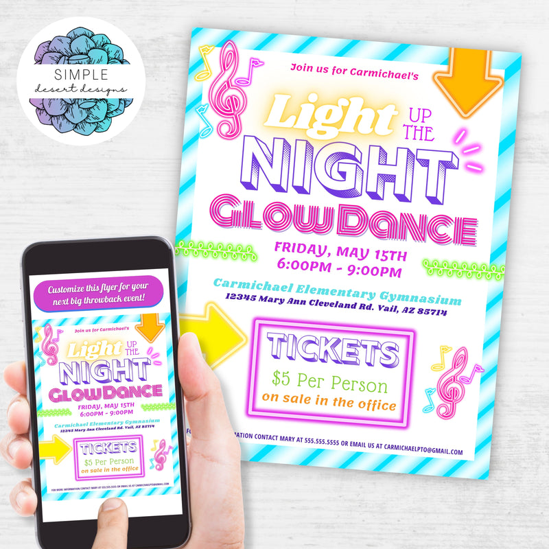 fun light up the night glow dance flyers for throwback 80s 90s vintage dance theme