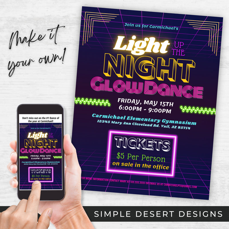 neon night light up the night glow dance flyer for throwback theme