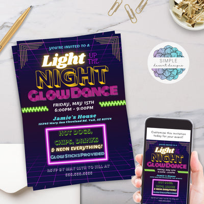 neon light up the night glow dance invitations