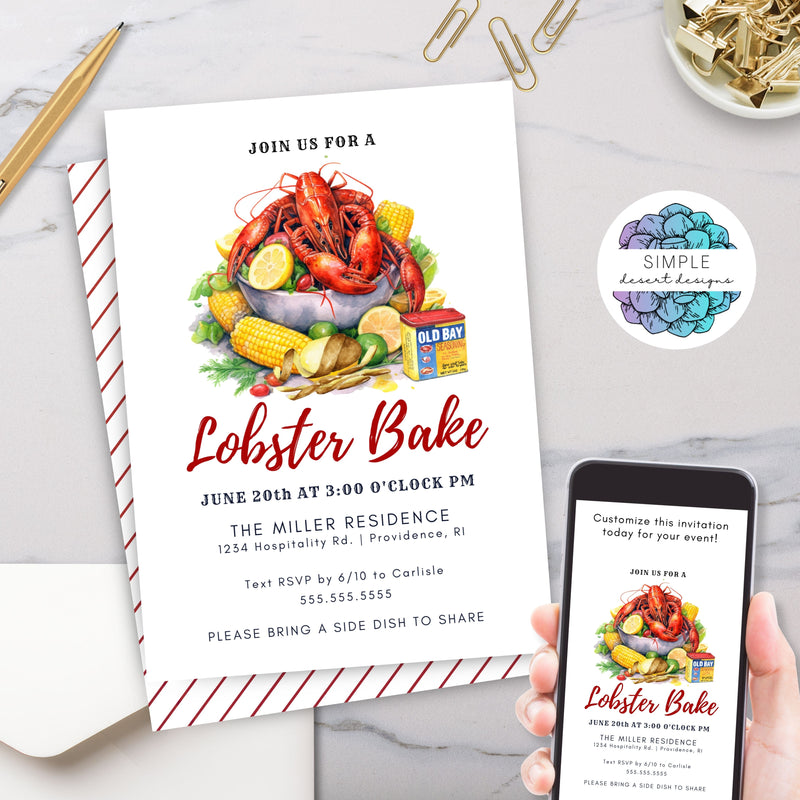 modern lobster bake theme dinner party invitation