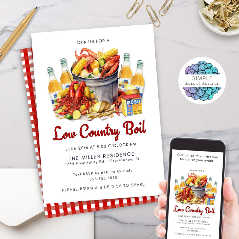 low country seafood boil invitation template for dinner party with old bay beer crawfish shrimp and lobster