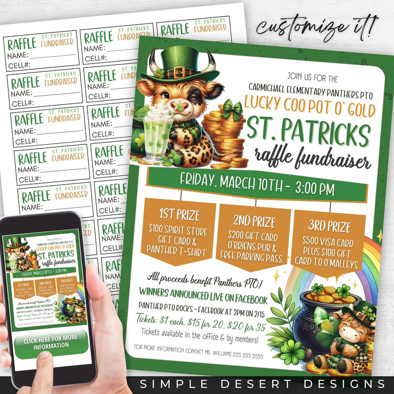 cute highland cow theme st patricks day raffle fundraiser flyer and ticket template sheet bundle