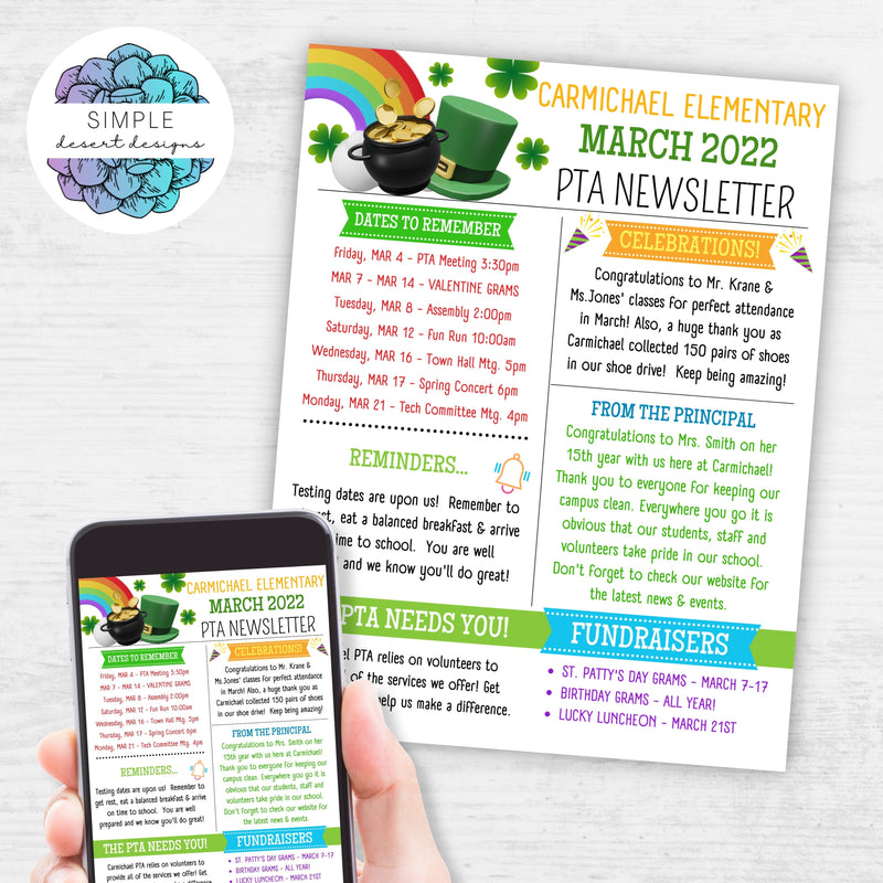 march newsletter template with lucky leprechaun pot of gold theme