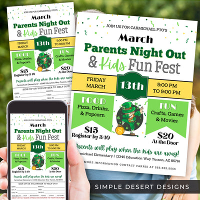 march st patricks theme parents night out flyers set for school church event invitations with sign up sheets